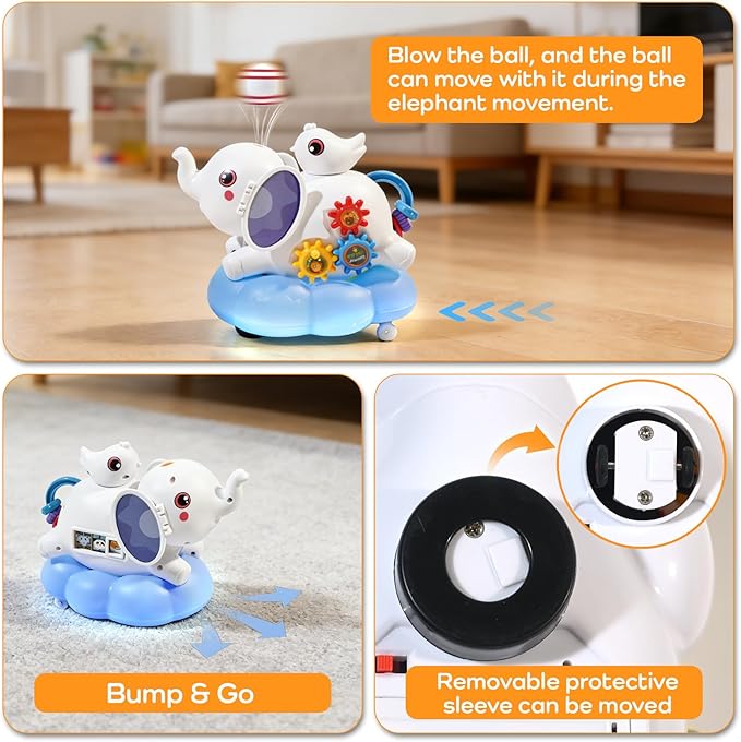 Baby Elephant Musical Crawling Toy with Lights, Sounds, Blowing Ball, Infant Sensory Toys, Birthday Gifts for Kids Boy Girl 3 4 5 6 7 8 Years