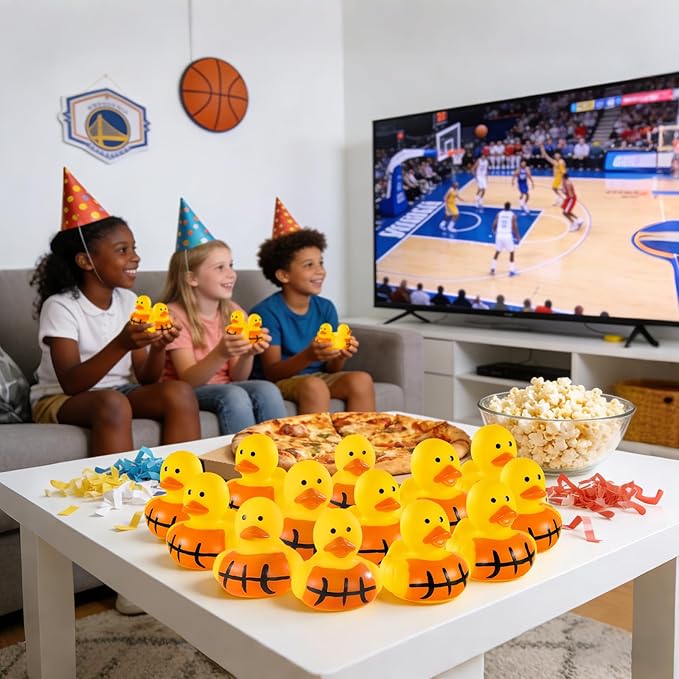 SCIONE 28 Pack Basketball Rubber Ducks - Mini Orange Sports Ducks for Kids - Basketball Team Gifts, Sports Themed Birthday Party Favors, Goodie Bag Fillers and Carnival Prizes