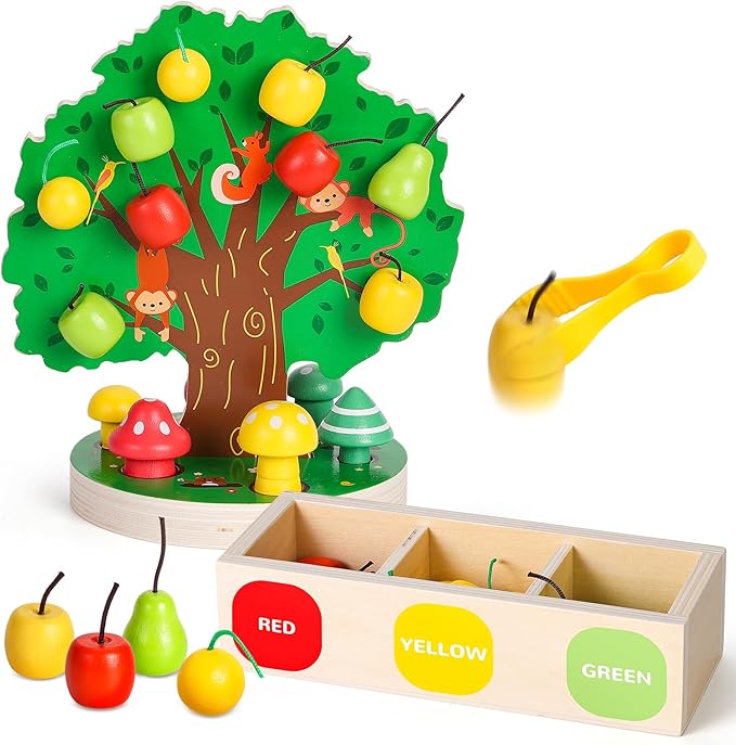 Woodtoe Toddler Fine Motor Skill Toys, Montessori Wooden Sensory Toys for Toddlers 3 4 5 6 Year Old, Apple Picking Magnetic Tree Toy, Color Sorting and Matching Game, Educational Learning Gift for Kid