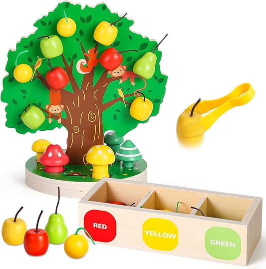 Woodtoe Toddler Fine Motor Skill Toys, Montessori Wooden Sensory Toys for Toddlers 3 4 5 6 Year Old, Apple Picking Magnetic Tree Toy, Color Sorting and Matching Game, Educational Learning Gift for Kid
