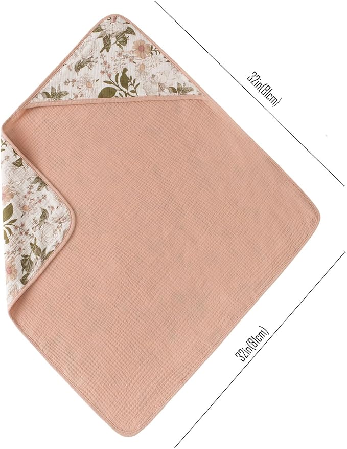 Little Jump Muslin Hooded Baby Bath Towels - 2 Pack 100% Cotton Towel for Babies, Infants, Toddlers - 32x32Inch - Highly Absorbent and Newborn Essential (Vintage Blossom)