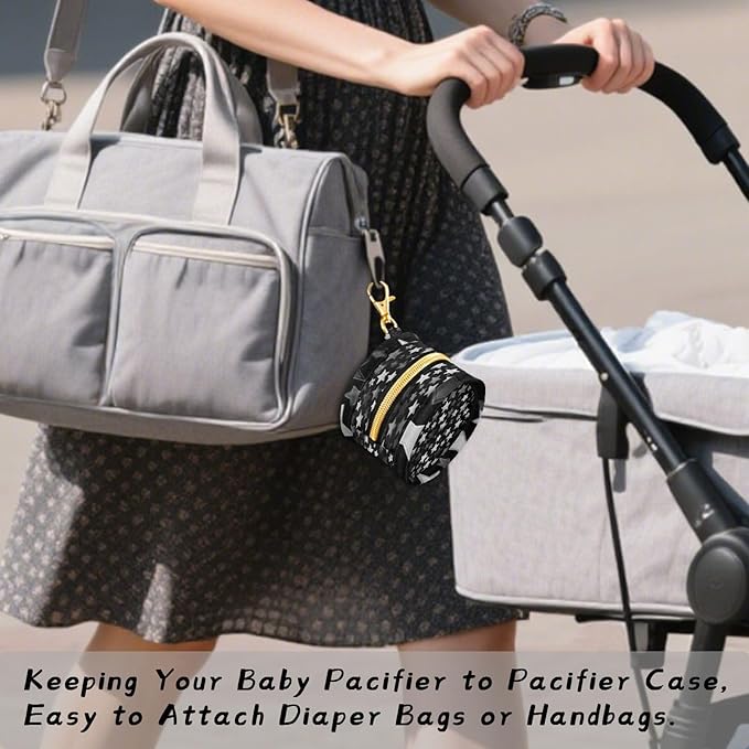 Pacifier Holder with Clip Pacifier Case for Diaper Bag Round Baby Pacifier Pouch Box Bag Portable Silver and Grey Stars