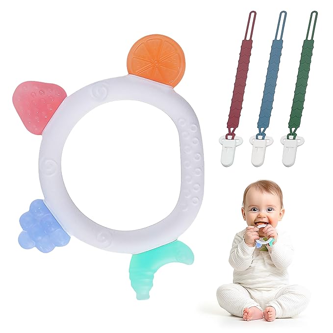 Baby Teething Toys with Silicone Pacifier Clip, Silicone Teether BPA Free, Teething Relief, Chew Toy for Sore Gums, Easy to Hold for Babies 3-6, 6-12 Months (4-Pack)