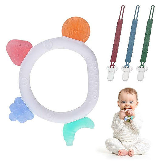 Baby Teething Toys with Silicone Pacifier Clip, Silicone Teether BPA Free, Teething Relief, Chew Toy for Sore Gums, Easy to Hold for Babies 3-6, 6-12 Months (4-Pack)