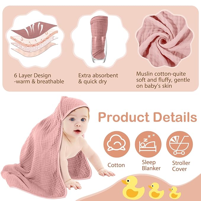 Peryiter 6 Pcs Muslin Hooded Baby Towels 32 x 32 Inch Cotton Newborn Bath Essentials Muslin Infant Blankets Absorbent Registry Gifts for Girl Boy Kids Baby Shower (Purple Series)