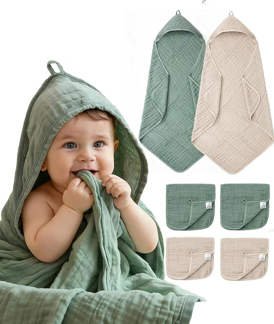 6 PCS Baby Towels and Washcloths Set, 2 PCS Baby Hooded Towels & 4 PCS Washcloths Set, Ultra Soft & Highly Absorbent Bath Bath Towel for Newborn, Infant & Toddler, Shower Gifts Essentials