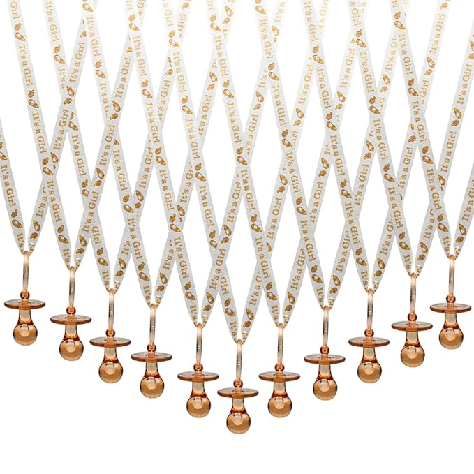 36 Pieces It's a Girl Baby Shower Pacifiers Necklace Acrylic Baby Party Favors Charm Pacifiers Necklace Grosgrain Ribbon Party Decorations Table Scatter (Tan)