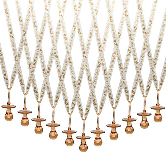 36 Pieces It's a Girl Baby Shower Pacifiers Necklace Acrylic Baby Party Favors Charm Pacifiers Necklace Grosgrain Ribbon Party Decorations Table Scatter (Tan)