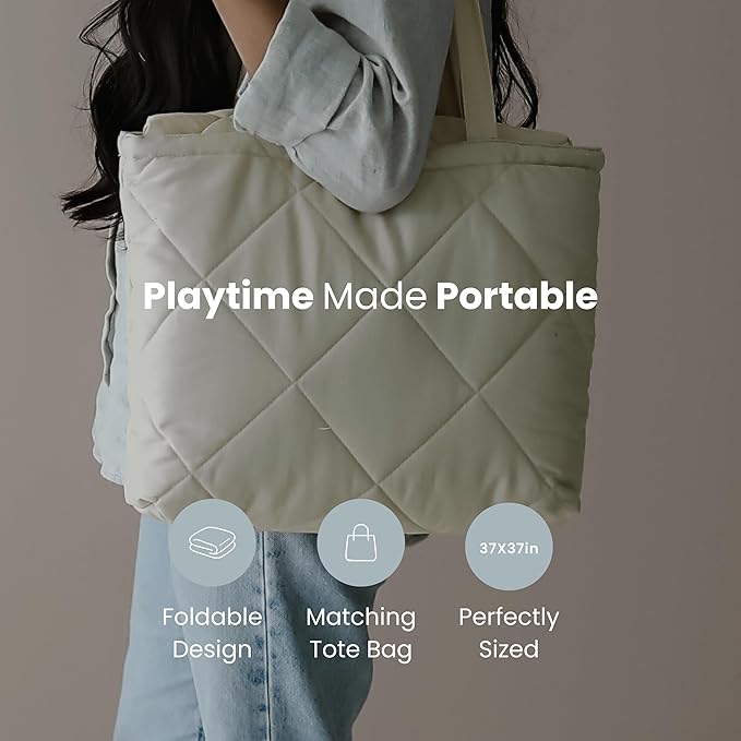 Snuggle Me® 2-in-1 Baby Play Mat - 100% Organic Cotton Baby Mat for Floor Play, Quilted, Foldable Playmat with Matching Tote Bag Included, Safety Certified & Machine Washable (37" x 37") - Birch