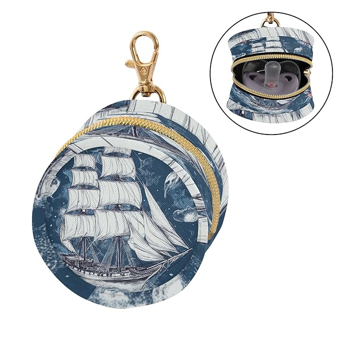 Pacifier Holder with Clip Pacifier Case for Diaper Bag Round Baby Pacifier Pouch Box Bag Portable Pirate Sailing Ship Rose Blue