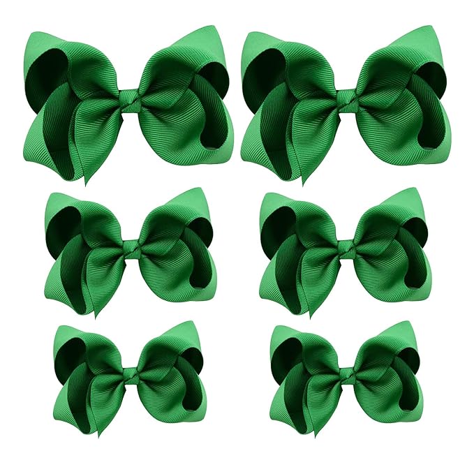 Green Hair Bow For Girls and Toddler - 6 pcs Green bows clips 6 inch ×2, 4 inch ×2, 3 inch ×2