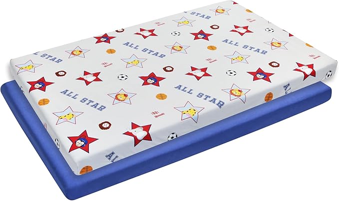 2 Pack n Play Mattress Sheets – 100% Percale Weave Cotton Soft Portable Crib Mattress Sheets for Boys with Jungle Sports and Solid Blue Design; 2 Pc Playpen Mattress or Mini Crib Sheet Fitted Set