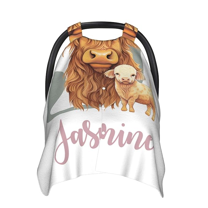Personalized Highland Cow Carseat Cover for Baby Custom Name Car Seat Canopy for Newborn Baby Boys Girls 2 in 1 Mom Nursing Breastfeeding Covers Minky Baby Carrier Stroller Covers