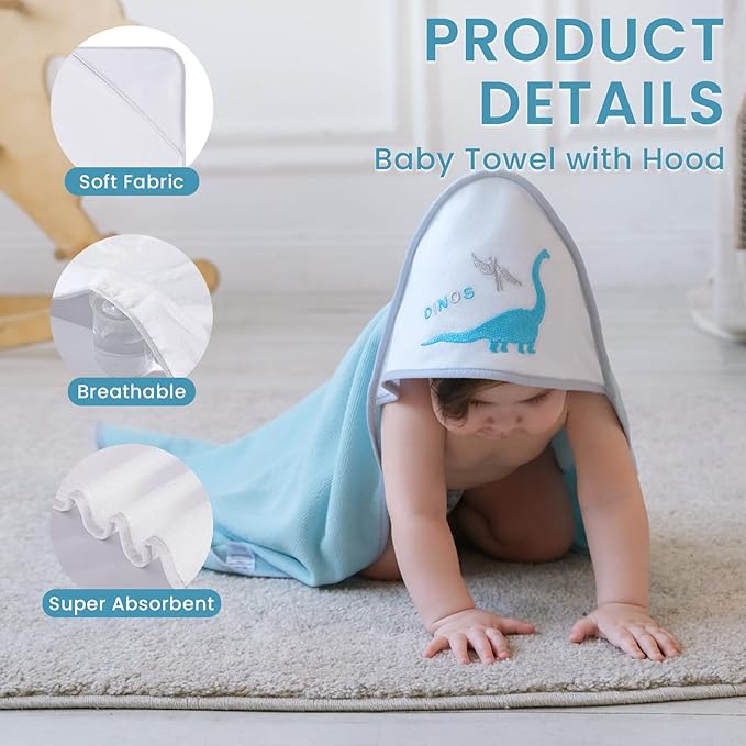 Softan Baby Hooded Towels and Washcloths Set 6 Pack, 28x28 Ultra Soft & Absorbent Baby Bath Towels for Newborn Infant Toddler, Unisex Boys Girls (Blue Dionsaur)