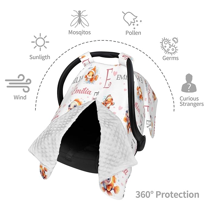 Custom Baby Car Seat Canopy Personalized Car Seat Covers with Name for Baby Boys Girls Customized Clownfish Nursing Breastfeeding Cover Infant Carseat Canopies Newborn Minky Baby Blanket