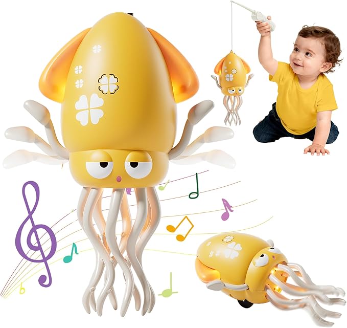 Electric Crawling Octopus Toy with LED Lights & Music, Smart Obstacle Avoidance, Interactive Auto-Dance Octopus for Gifts, Toddlers, Indoor Fun, Brings Endless Giggles (Yellow)