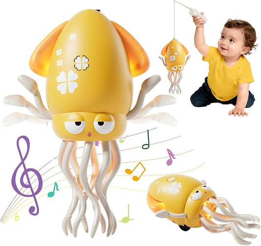 Electric Crawling Octopus Toy with LED Lights & Music, Smart Obstacle Avoidance, Interactive Auto-Dance Octopus for Gifts, Toddlers, Indoor Fun, Brings Endless Giggles (Yellow)