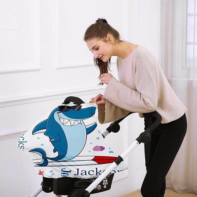 Custom Car Seat Covers for Babies - Breathable Baby Car Seat Cover for Girls Boys, Kick-Proof Newborn Carrier Canopy Stretchy Stroller Cover for 4 Seasons Blue Shark Print(27"x29")