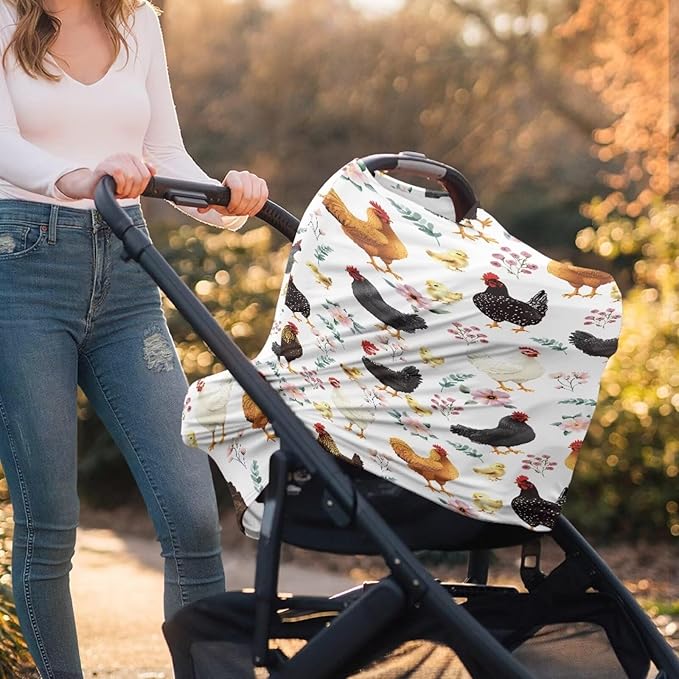 Binienty Babies Car Seat Cover - Rooster Floral Car Seat Covers for Baby Girls Boys Stretchy Multi-Use Breastfeeding Scarf for Moms, Newborn Essentials Baby Shower Gifts