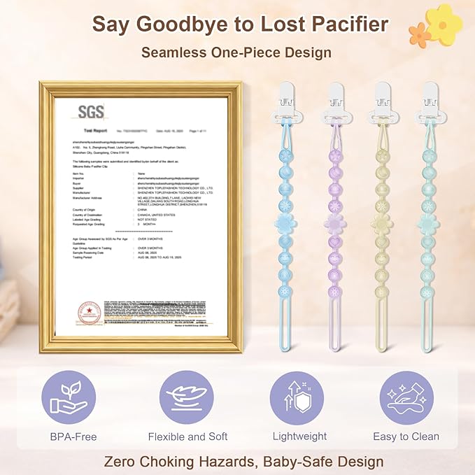 Silicone Pacifier Clip Holder with One-Piece Beads, 4 Packs Soft Flexible and Rust-Free Binky Pacifiers Clips for Teething Relief Baby Essentials Accessories, Safe for Boy and Girl