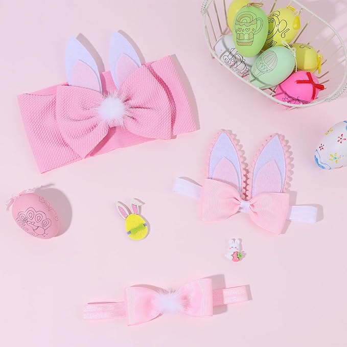 Easter Bows for Baby Girls, 3pcs Rabbit Ears Baby Headbands Pink Elastic Newborn Infant Bow Toddler Headband for Girls Hair Accessories Pink Bunny