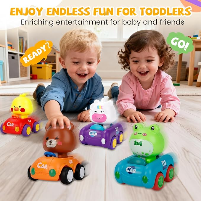 Press and Go Car Toys for Toddlers 1-3, 4 Pack Friction Powered Baby Push Cars, Infant Play Vehicle Set for 6-9-12-18 Months, 1st Birthday Gifts for 1-2 Year Old Boys Girls