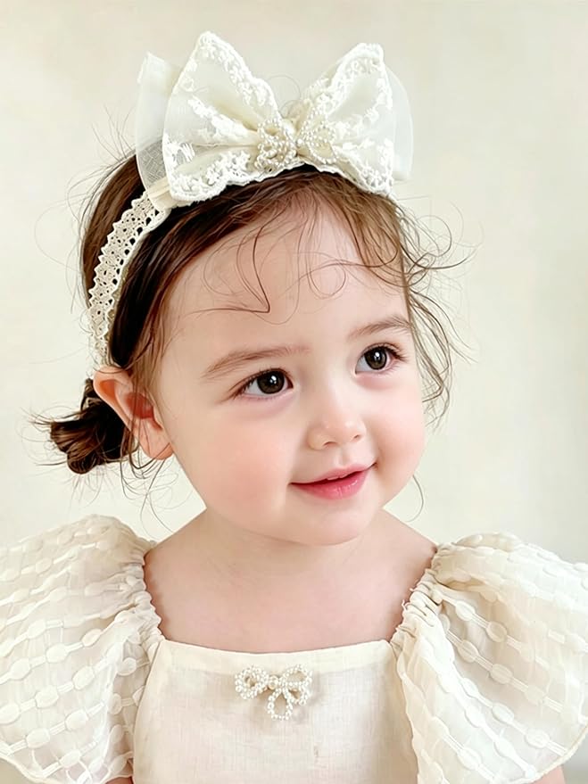 Baby Girls Bow Lace Headband Cute Soft Hairband White Butterfly Knot Headbands for Newborn Infants Toddlers Kids Christening Baptism Birthday Party Hair Accessories（Beige C）