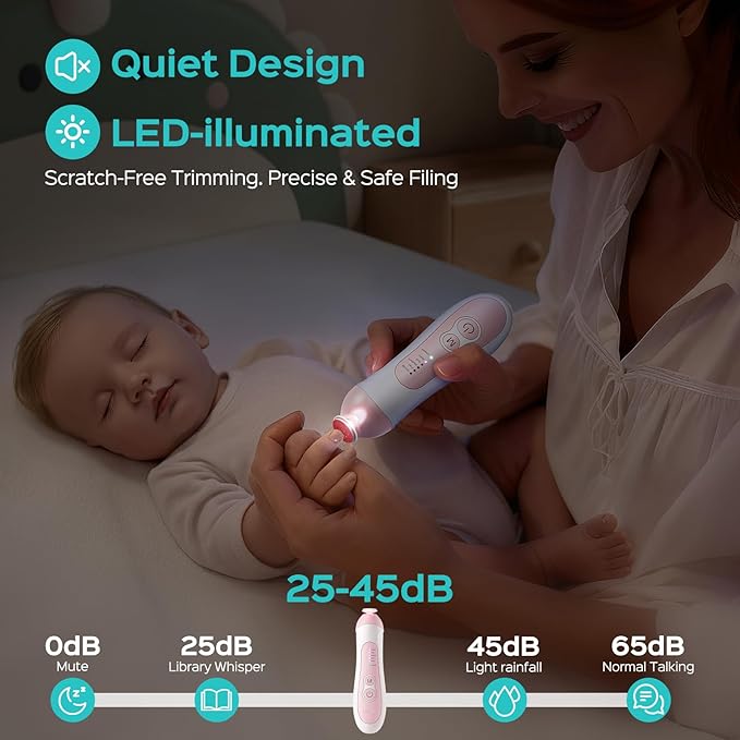 COSLUS C52 Rechargeable Baby Nail File: Cordless Baby Nail Trimmer Electric with 5 Speeds & 6 Grinding Heads for Baby Kid, CPC Certified and Quiet Design - Safe for Sleep Trim Buffer, Pink