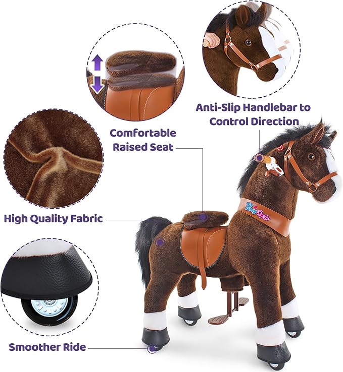 PonyCycle Ride on Horse Toy Walking Rocking Horses Classic Model U (with Brake/ 36" Height/Size 4 for Age 4-7 Boy Gifts) Ride Horse Giddy up Pony Animal Toys Chocolate Brown Ux421