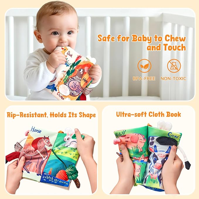 JoyCat Baby Books 0-6-12 Months - Farm Tail Tummy Time Toys - Sensory Touch & Feel Crinkle Cloth Book with Detachable Duck - Newborn Easter Basket Stuffers
