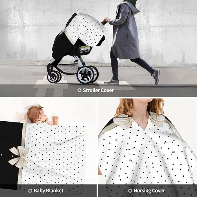 Black White Polka Dot Bow Car Seat Canopy Cover, Universal Fit for Infant Car Seats，Breathable,Multi-Use Nursing Cover, Gift Ready