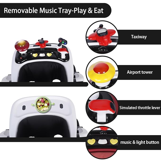 Kinder King Baby Walker with Music & Lights, 5 in 1 Baby Activity Walker with Wheel, Adjustable Height & Seat, Learning-Seated & Toddler Walk-Behind, Safety Bumper, Infant Walker Anti-Rollover, Black