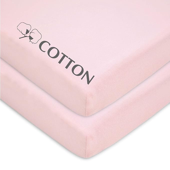 American Baby Company 2 Pack 100% Natural Cotton Fitted Pack and Play Sheets 39" x 27" - Soft & Breathable Pack N Play Sheets for Playard & Mini Crib Mattress, Pink, for Boys & Girls