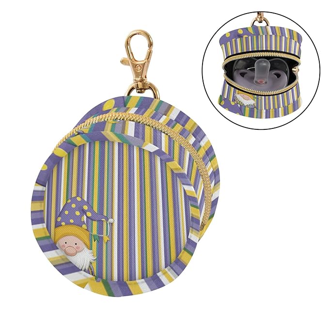 Pacifier Holder with Clip Pacifier Case for Diaper Bag Round Baby Pacifier Pouch Box Bag Portable Stripe Mardi Gras Gnome