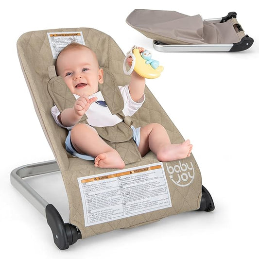 BABY JOY Baby Bouncer, Foldable Bouncer & Stationary Seat with 5-Point Safety Harness, Removable Fabric Cover, Portable Infant Bouncer Seat for Newborns Baby 0-6 Months (Beige)