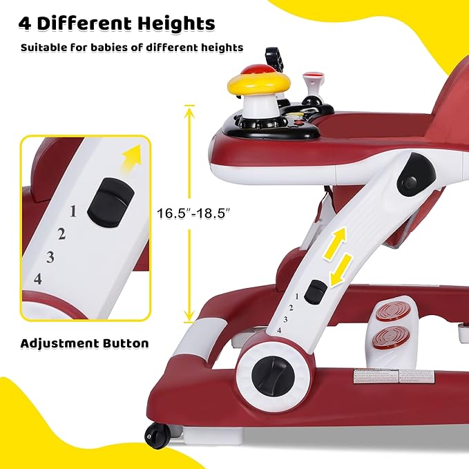 TODEFULL 6 in 1 Baby Walker, Baby Activity Walker for Toddler, Push Walker w/Adjustable Height Speed, Learning-Seated & Walk-Behind, Infant Walker w/Feeding Tray & Music Toys, Red