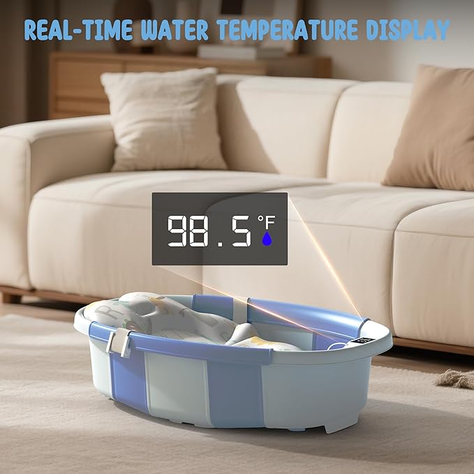 TOSGN Collapsible Baby Bathtub, 3s to Install, Baby Bath Tub with Soft Cushion & Thermometer, 0-36 Months Newborn Bathtub,Portable Travel Baby Tub, Blue