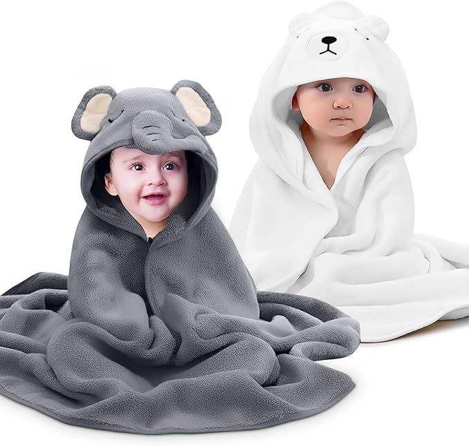 Pack of 2 Hooded Baby Towels for Newborn- 31.5" x 31.5" Coral Fleece Fabric, Absorbent and Washable for Infants and Toddlers - Toallas para Bebe - (Elephant & Bear Style)
