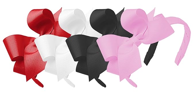 Wee Ones Girls' Classic Grosgrain Headbands with Grosgrain Bows and a Plain Wrap Center, 4 Pack, Medium Bows, Red, White, Black and Pearl