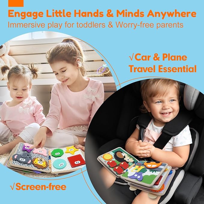 Busy Book for Toddlers 1-3, Felt Animals Busy Board for 1 Year Old Montessori Toys, Peekaboo Quiet Book, Airplane Travel Toys, Educational Learning Activity, Birthday Gifts for Boys & Girls