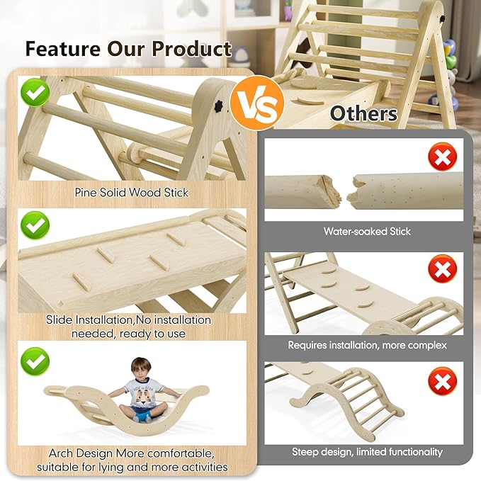 bbgroundgrm Pikler Triangle Set Climber 5 in 1, Toddler Climbing Toys Indoor Folding with Ramp & Arch for Montessori Play Gym for Toddlers and Kids (Natural)(99" Wx21 Dx23 H)