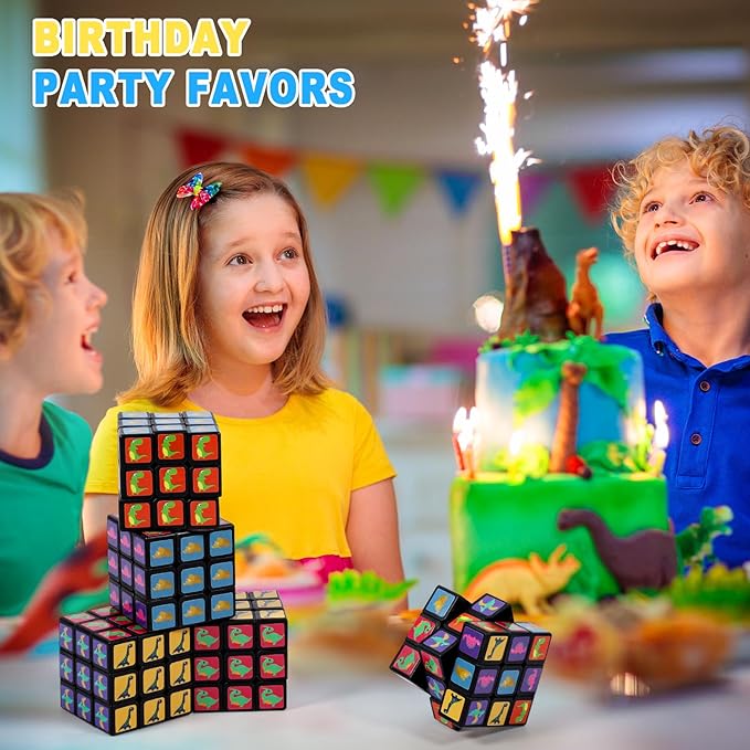 24 Pack Dinosaur Mini Cube Bulk, 1.18 Inch 3x3x3 Small Puzzle Cubes Set, Dinosaur Themed Birthday Party Favors, Classroom Rewards Prizes, Stocking Stuffers, Easter Basket Fillers for Kids
