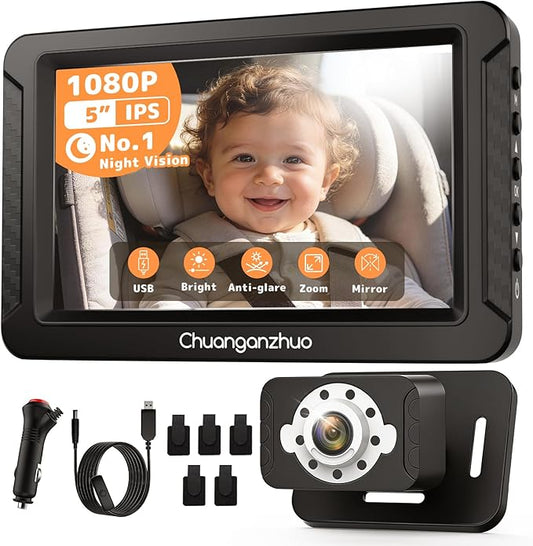 S100C Baby Car Camera USB Powered, Crystal Clear Auto IR Night Vision in Total Dark, Adjust Brightness & 1080P 5" IPS Monitor, 3X Zoom & 360° Rotating Backseat Camera for Rear or Forward-Facing Infant