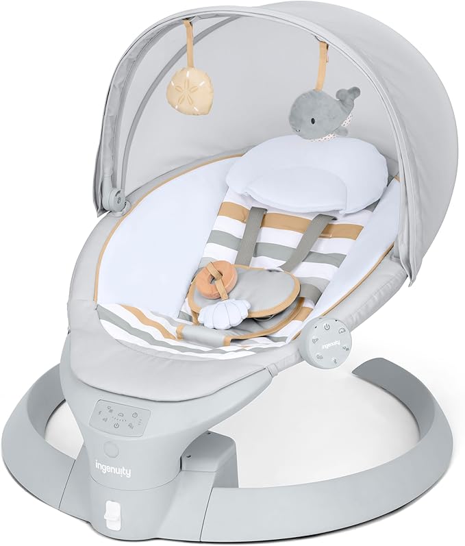 Ingenuity Inlighten Bounce & Sway Swing, Bluetooth Music, Canopy with Lights & Toys, Touch & Remote Controls, 3-in-1 Seat Modes, Machine Washable Pad, Ages 0+ Pebble Shore