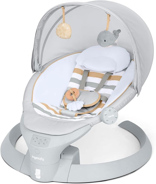 Ingenuity Inlighten Bounce & Sway Swing, Bluetooth Music, Canopy with Lights & Toys, Touch & Remote Controls, 3-in-1 Seat Modes, Machine Washable Pad, Ages 0+ Pebble Shore