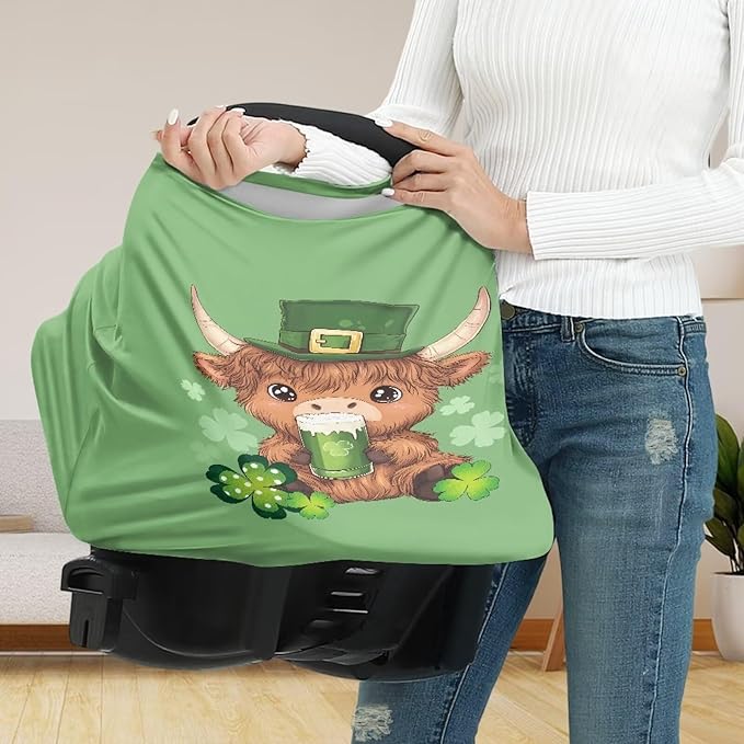 Wanyint Car Seat Cover for Boys Girls, Nursing Carseat Canopy Baby Breastfeeding Cover Multi-Use Nursing Scarf Infant Stroller Cover for Saint Patrick's Day Decor, Highland Cow Clover Green