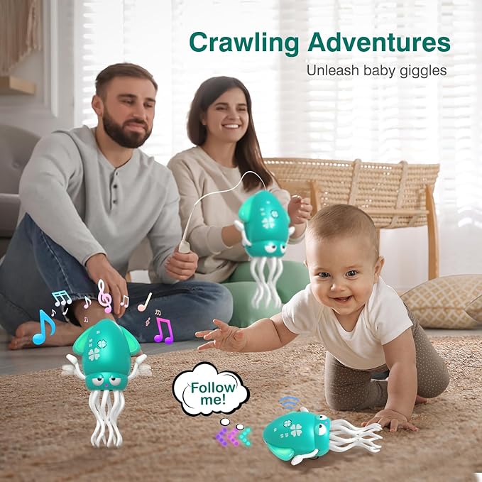 Dancing Squid Baby Toy, Crawling Octopus Squid Tummy Time Toy, Rechargeable Magic Dancing Music & LED Octopus for 3 4 5 6 Year Old Kids Boy Girl Birthday Gifts, Funny Squid for Floor Games (Green)