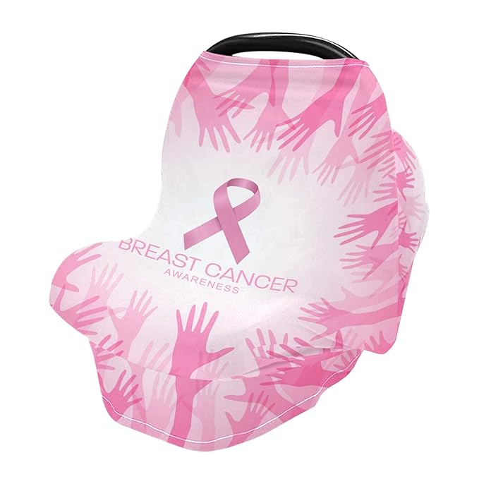 Breast Cancer Awareness with Pink Ribbon in Circle Hands Design Stretchy Baby Car Seat Cover Infant Canopy Nursing Covers Breastfeeding Cover Breathable Windproof Winter Scarf for Boys Girls