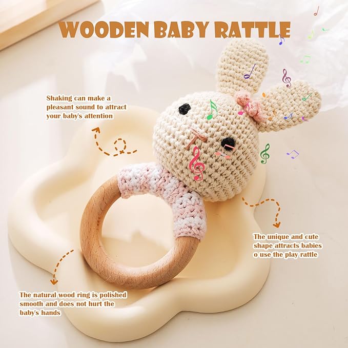 Wooden Baby Rattle，Crochet Bunny Rattle with Wood Ring, Newborn Wooden Animal Rattle Toy，Infant Bunny Wood Rattle Toys，Bunny-2