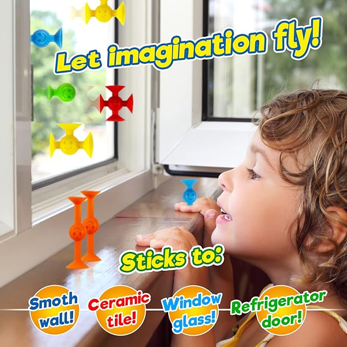 JA-RU Mini Suction Cup Toys (4 Pack, 14 Pieces Each) – Colorful Suction Cup Bath Toys for Kids, Stress Relief Fidget Toy, Bulk Party Favors & Sensory Bin Filler. 4896-4s